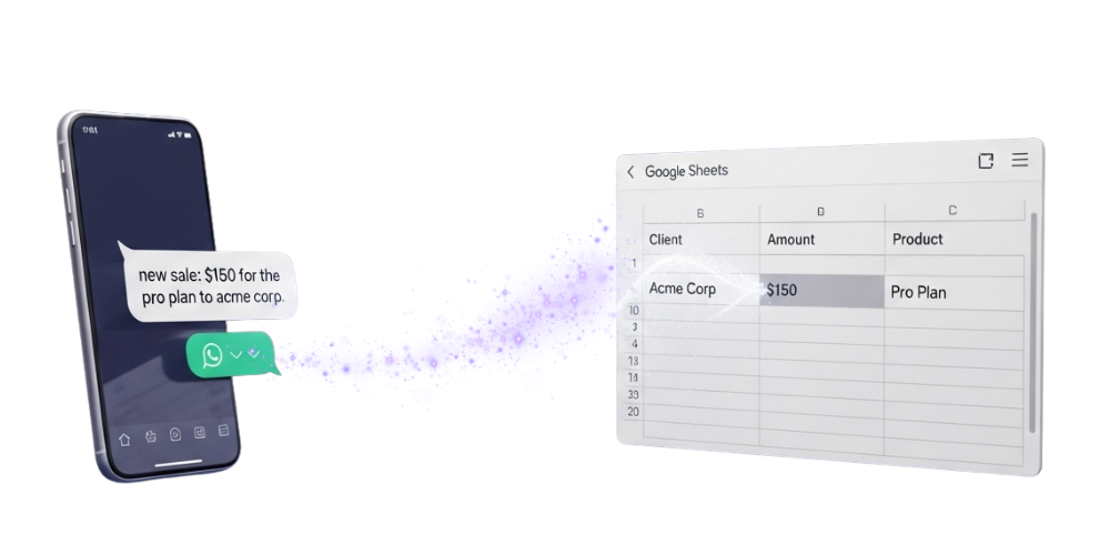 Animation showing data moving from a chat app to a spreadsheet